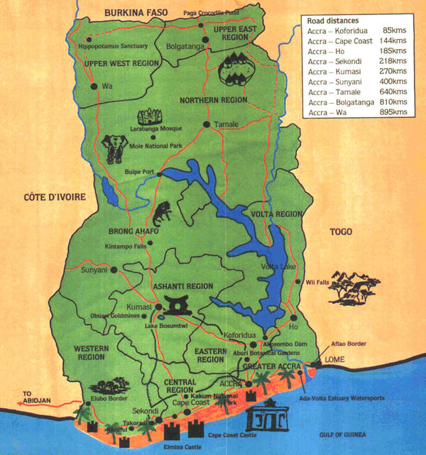 Large detailed tourist map of Ghana.