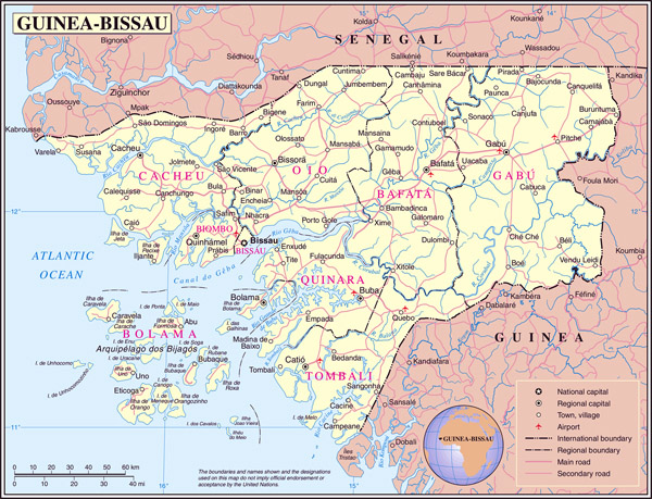 Guinea-Bissau detailed map with roads and airports.