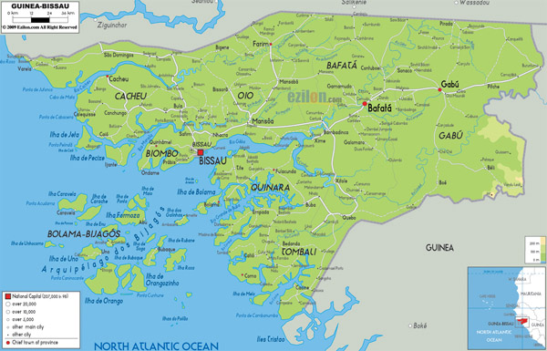 Large detailed physical map of Guinea-Bissau.