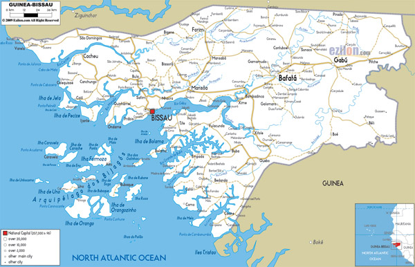 Large detailed road map of Guinea-Bissau.