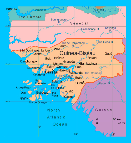 Political map of Guinea-Bissau with cities. Guinea-Bissau political map with cities.