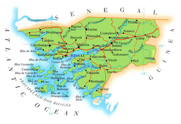 Road and physical map of Guinea-Bissau. Guinea-Bissau road and physical map.