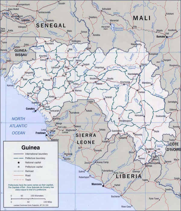 Administrative map of Guinea with all roads.