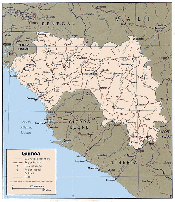 Detailed political and administrative map of Guinea.