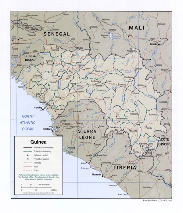 Detailed relief and administrative map of Guinea.