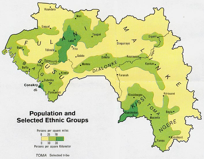 Guinea population and selected ethnic groups map 1973.