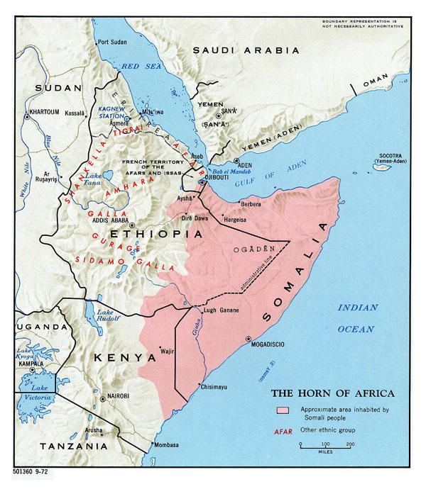 Detailed map of Horn of Africa with relief - 1972.