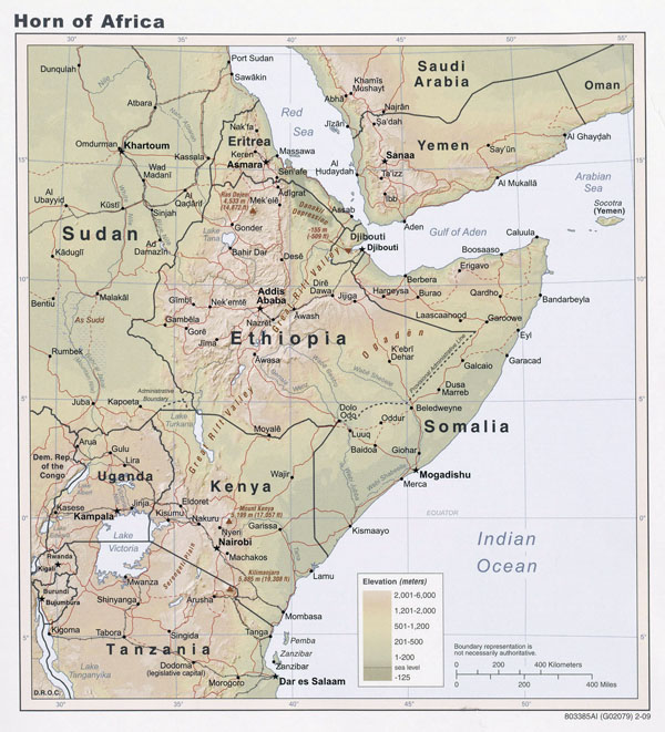 Large detailed elevation map of Horn of Africa - 2009.