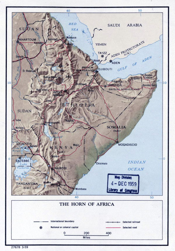 Large detailed political map of the Horn of Africa with relief – 1959