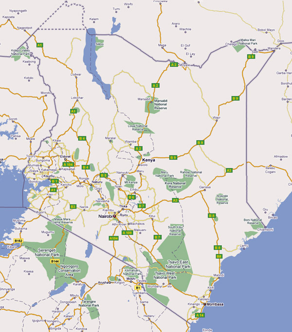 Detailed Kenya road and national parks map. Kenya detailed road and national parks map.