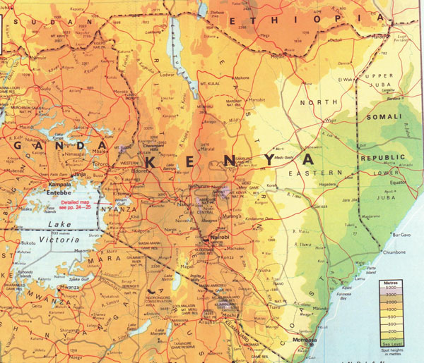 Detailed physical map of Kenya. Kenya detailed physical map.