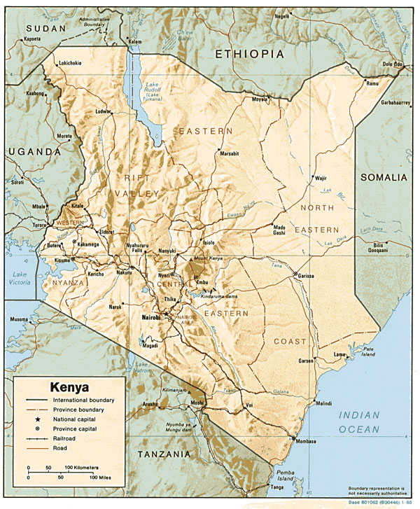 Detailed political and relief map of Kenya with all cities and roads.