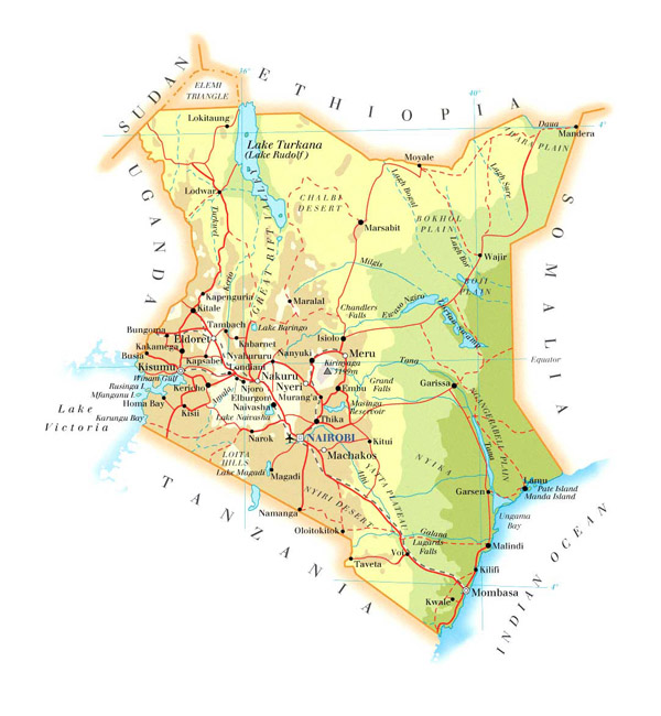 Detailed road and physical map of Kenya. Kenya detailed road and physical map.