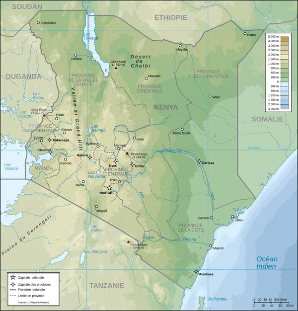 Detailed topographical map of Kenya. Kenya detailed topographical map.