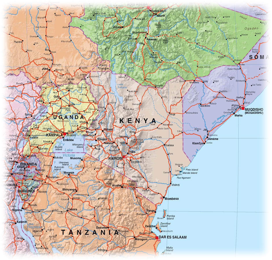 Large Detailed Kenya Political And Relief Map With Roads 