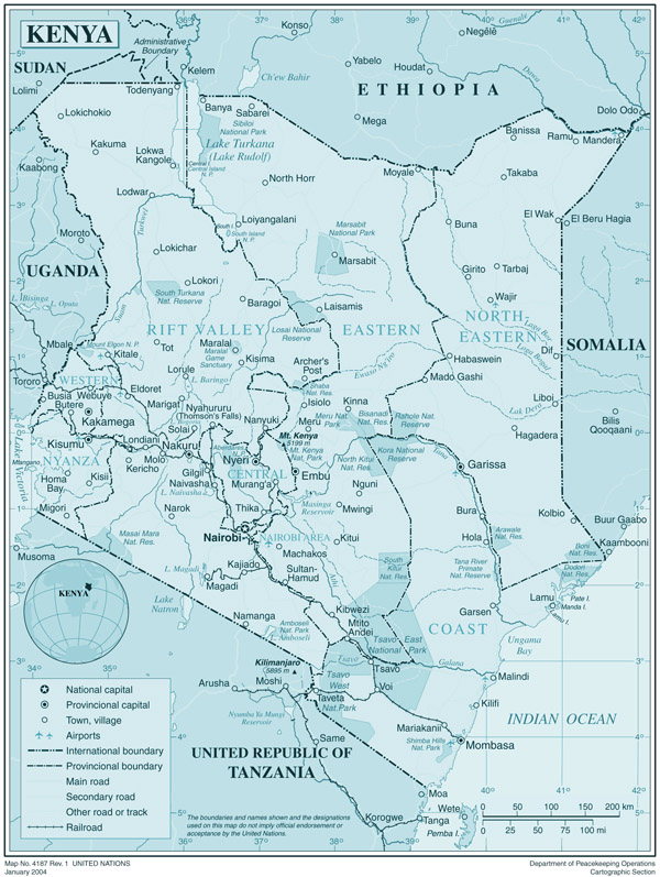 Large detailed political and administrative map of Kenya with all cities, roads and airports.