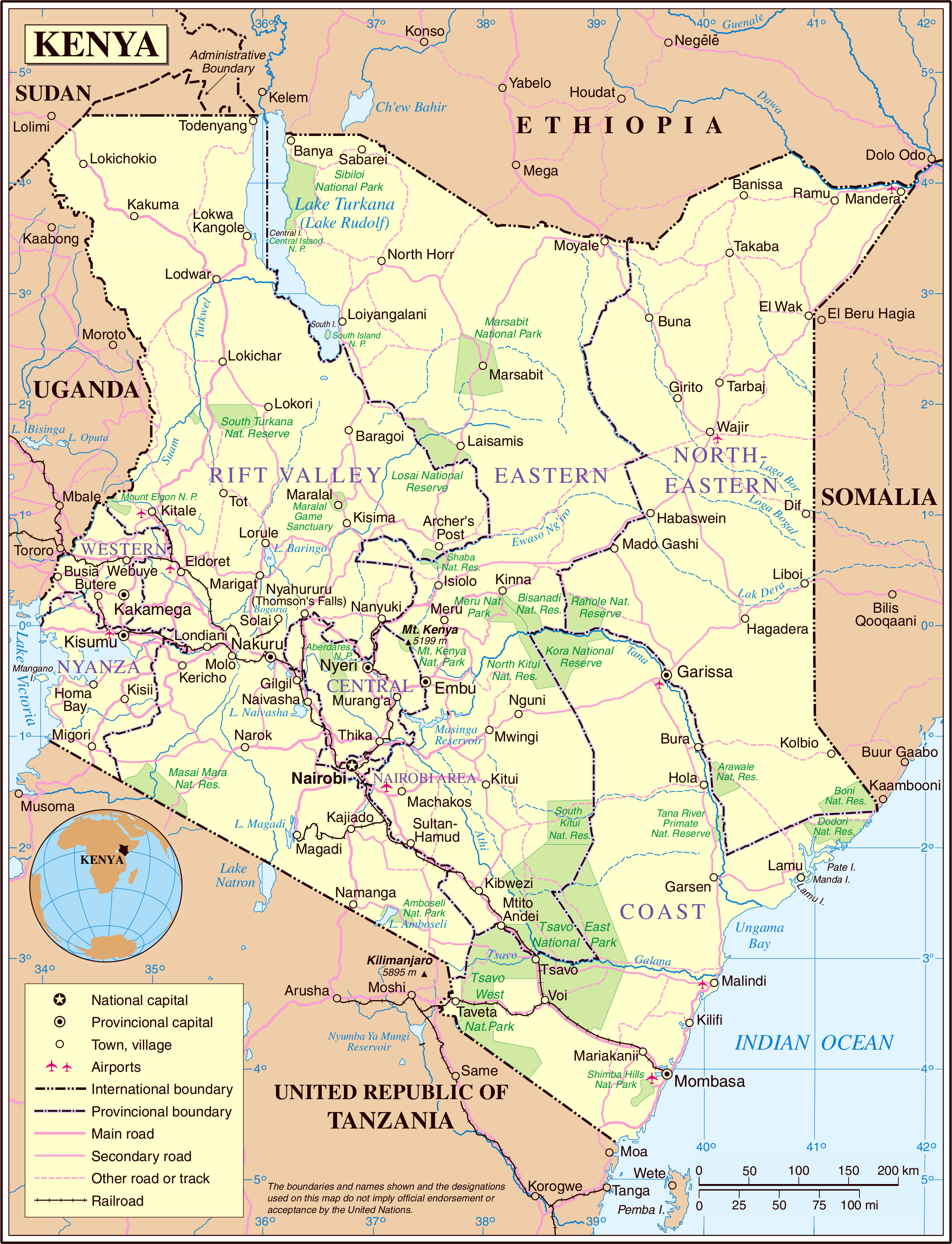 Large Detailed Political And Road Map Of Kenya Kenya Large