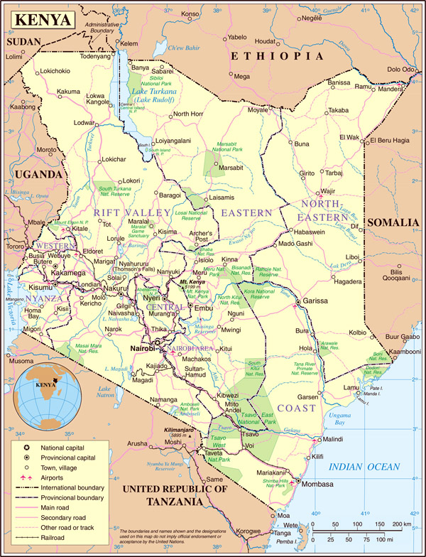 Large detailed political and road map of Kenya.