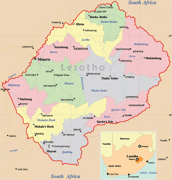 Administrative map of Lesotho with all cities.