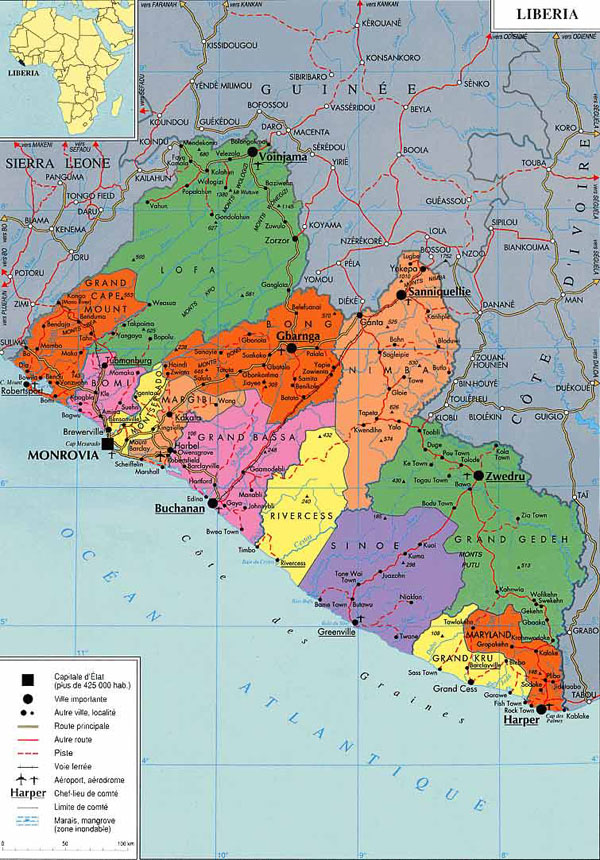 Administrative map of Liberia. Liberia administrative map.