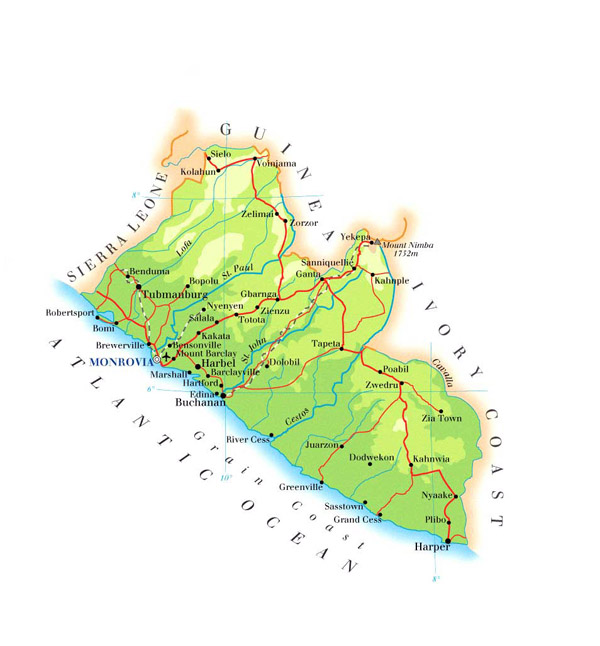 Detailed physical and road map of Liberia.