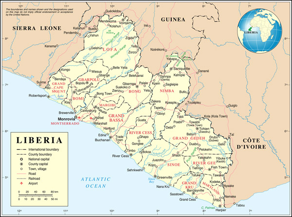 Detailed political and administrative map of Liberia with all cities, roads and airports.