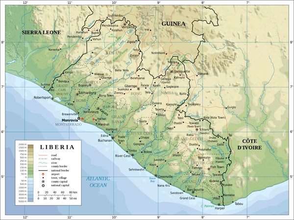 Large detailed Liberia topographical map. Liberia large detailed topographical map.