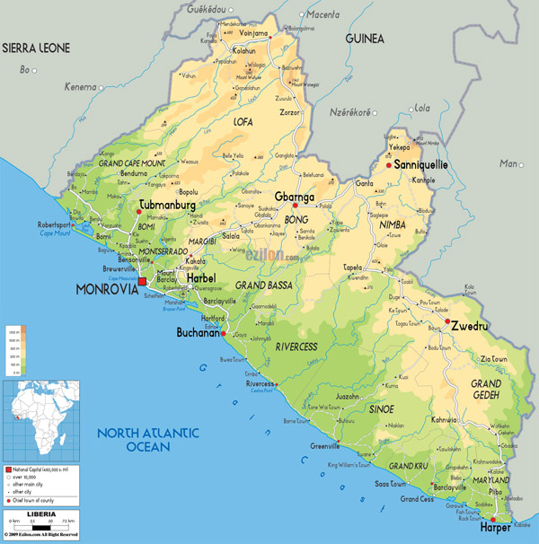 Large detailed physical map of Liberia with roads.