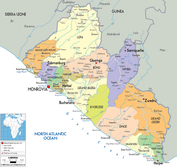 Large detailed political and administrative map of Liberia with roads and cities.