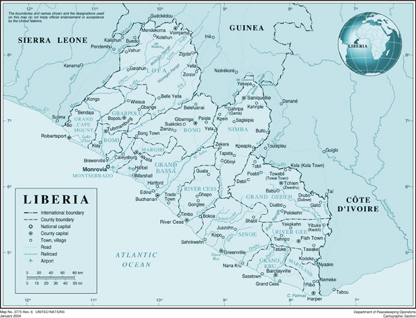 Large detailed political and administrative map of Liberia with roads, cities and airports.