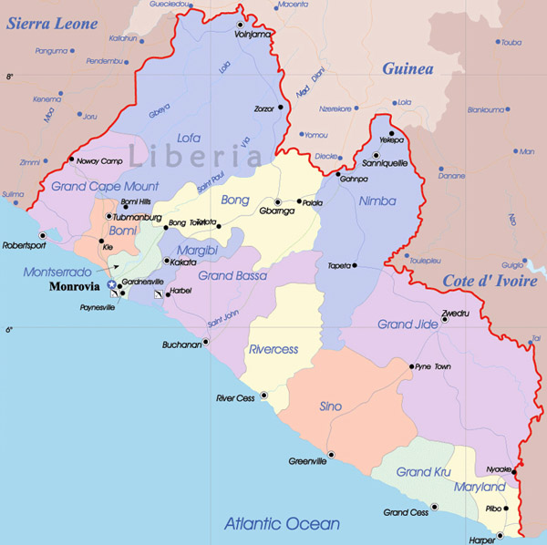 Liberia detailed political map. Detailed political map of Liberia.