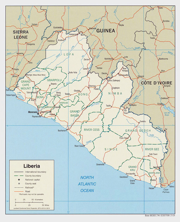 Political and administrative map of Liberia.