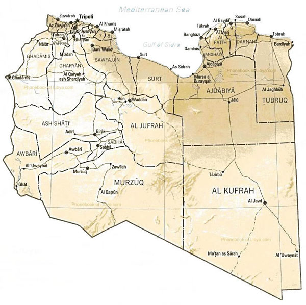 Detailed administrative and relief map of Libya.