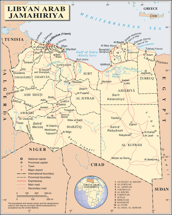 Detailed political and administrative map of Libya with all cities, roads and airports.