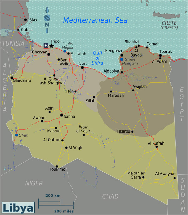 Detailed regions map of Libya with all cities. Libya detailed regions map with all cities.