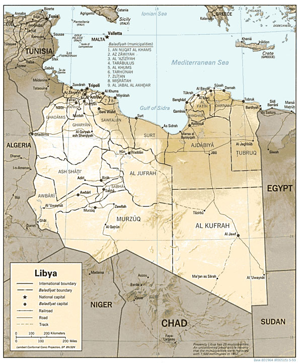 Detailed relief and political map of Libya. Libya detailed relief and political map.