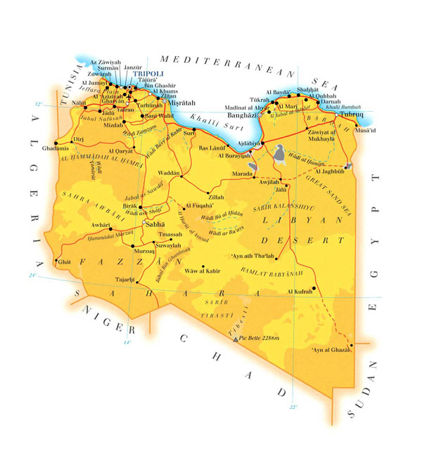 Detailed topo and road map of Libya. Libya detailed topo and road map.