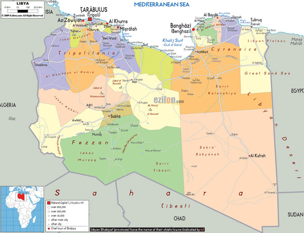 Large detailed administrative and political map of Libya with all cities, roads and airports.