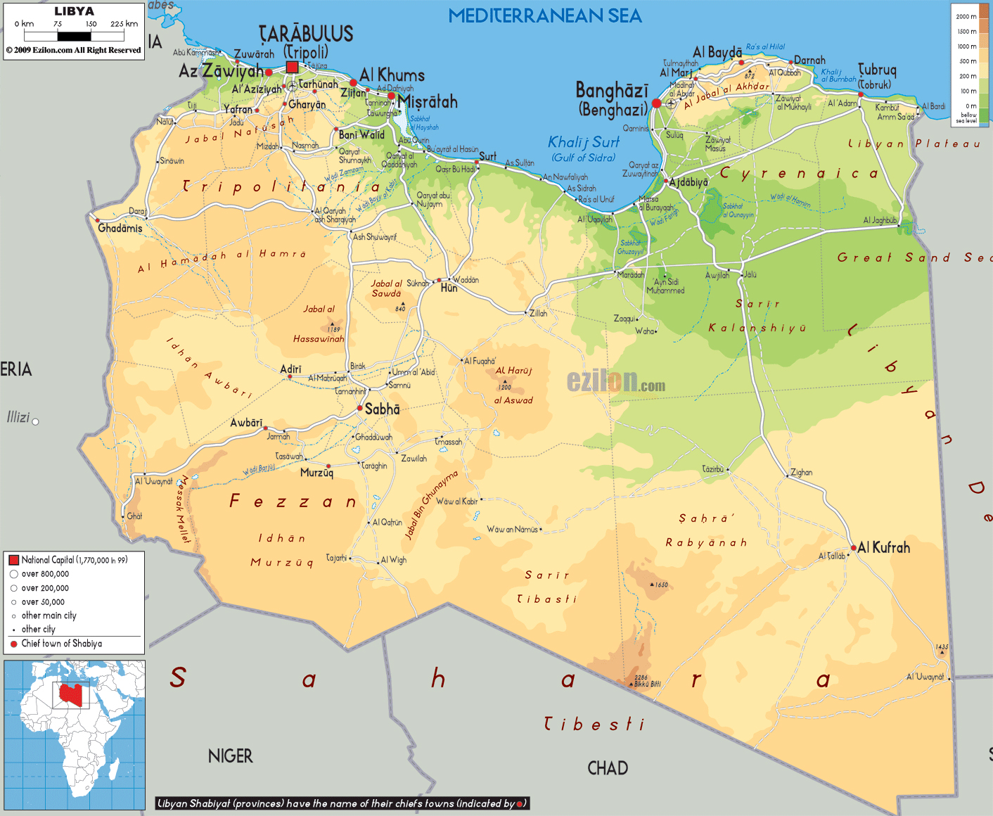 Large detailed physical map of Libya with all cities, roads and