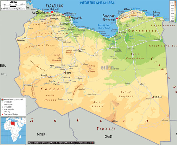 Large detailed physical map of Libya with all cities, roads and airports.