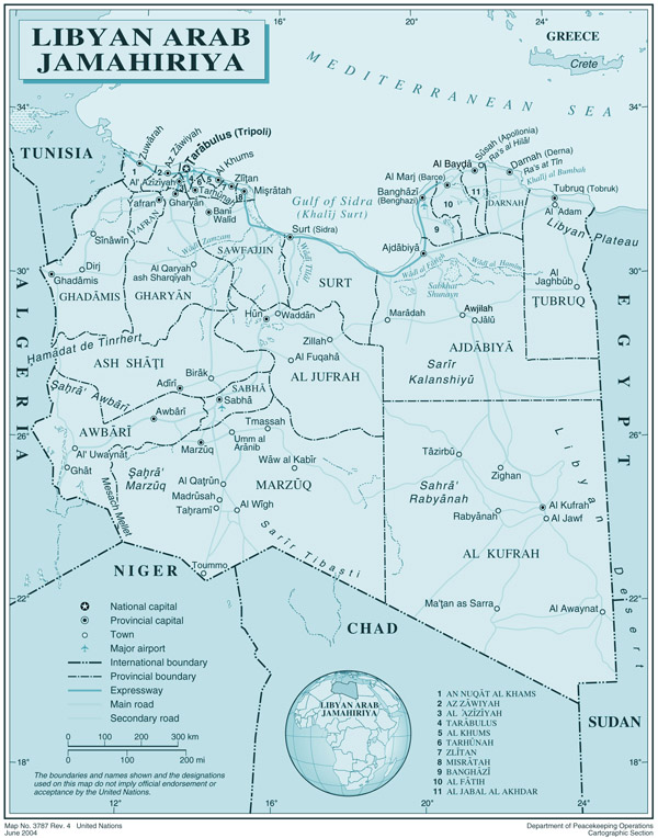 Large detailed political and administrative map of Libya with all cities, roads and airports.