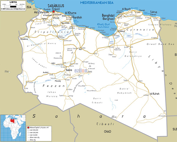 Large detailed road map of Libya. Libya large detailed road map.