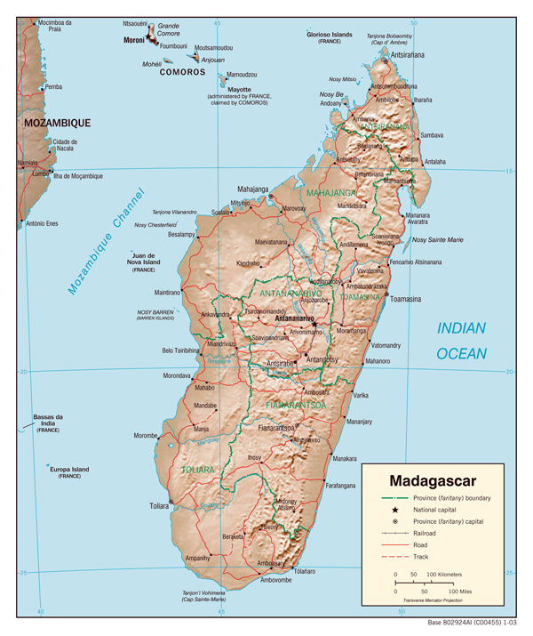 Detailed relief and administrative map of Madagascar.