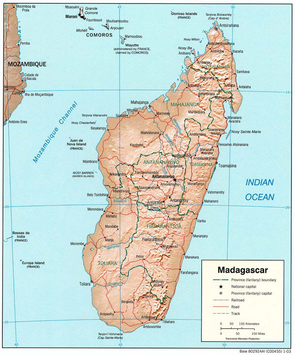 Detailed relief and political map of Madagascar.