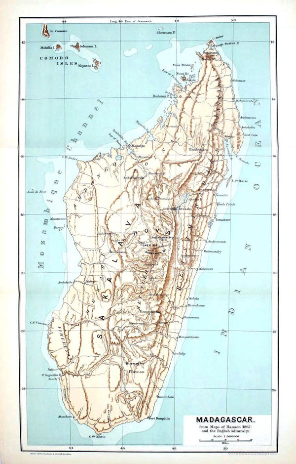 Detailed relief map of Madagascar - 1895.