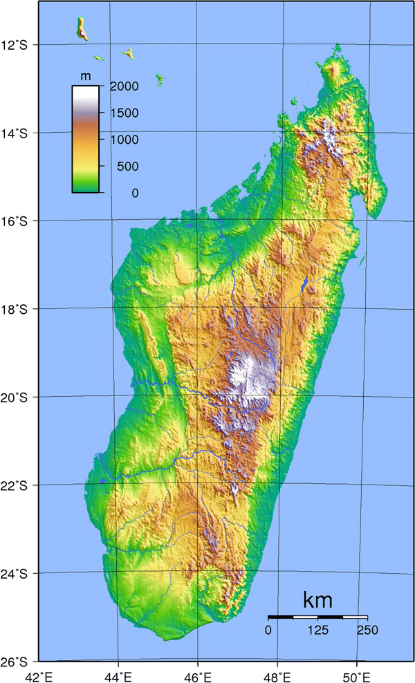 Detailed topographical map of Madagascar.