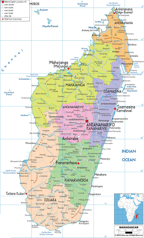 Large detailed administrative map of Madagascar with all cities, roads and airports.