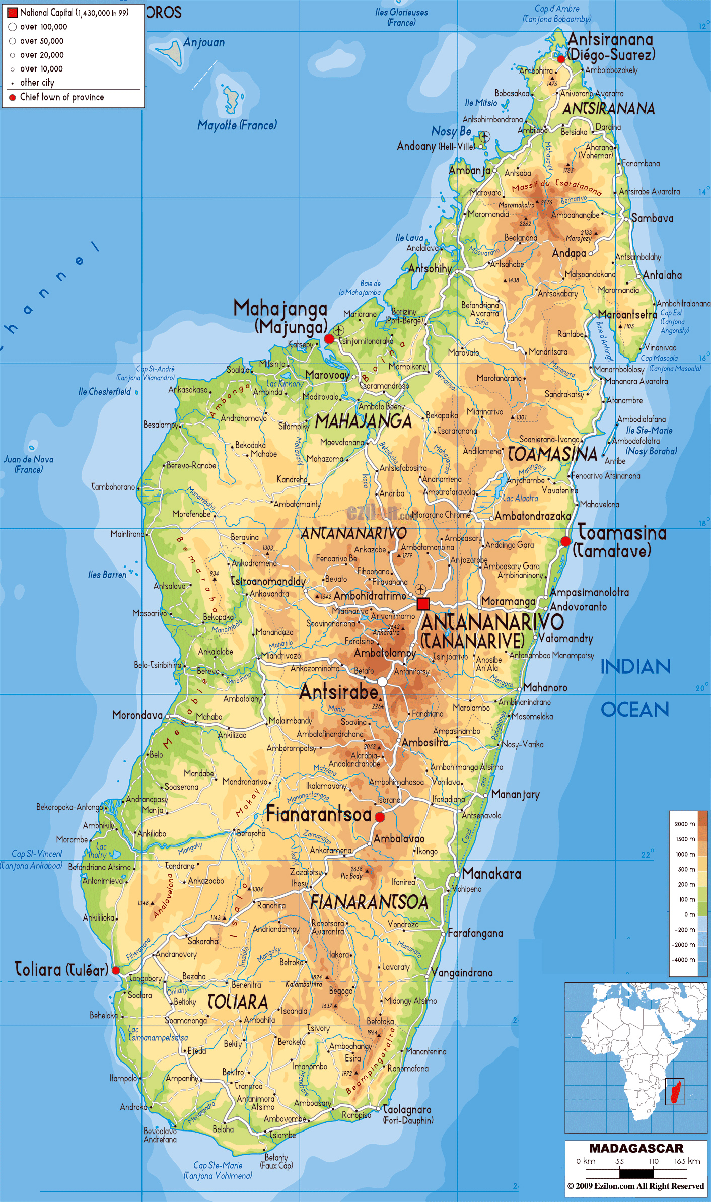 Large detailed physical map of Madagascar with all cities, roads and airports