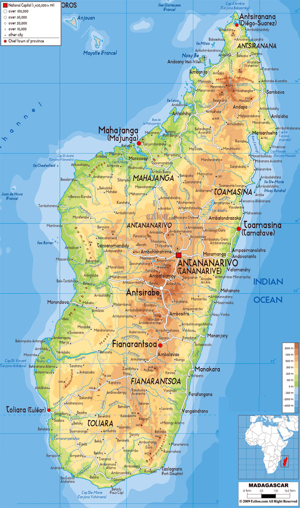 Large detailed physical map of Madagascar with all cities, roads and airports.