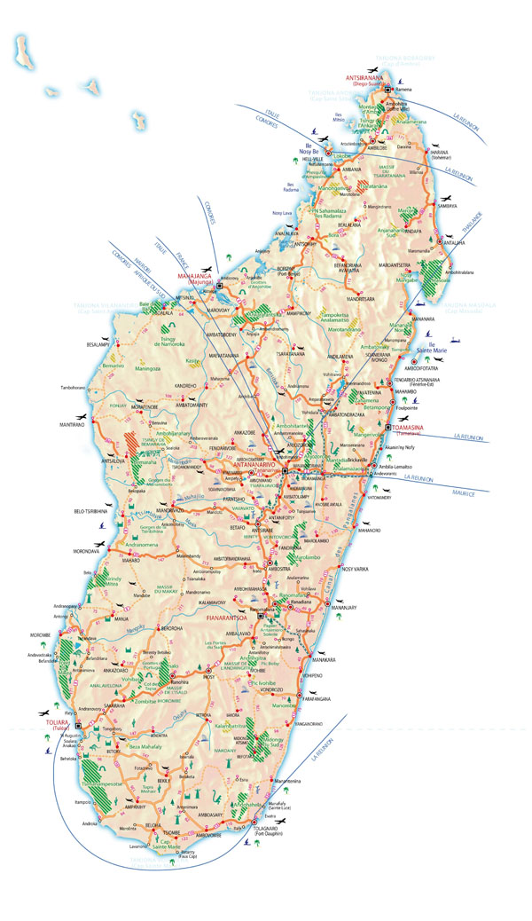 Large detailed road and tourist map of Madagascar with cities and aircraft routes.